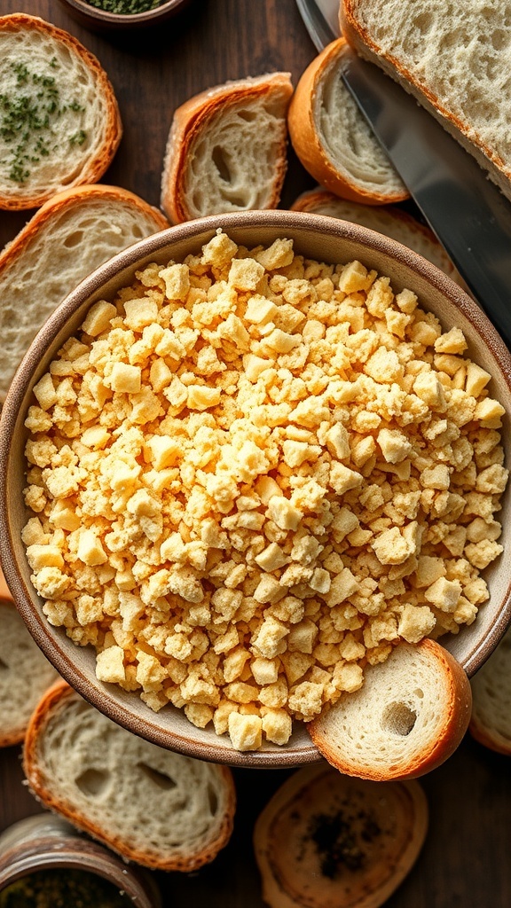 A bowl of homemade golden bread crumbs with slices of bread and herbs on a rustic countertop.